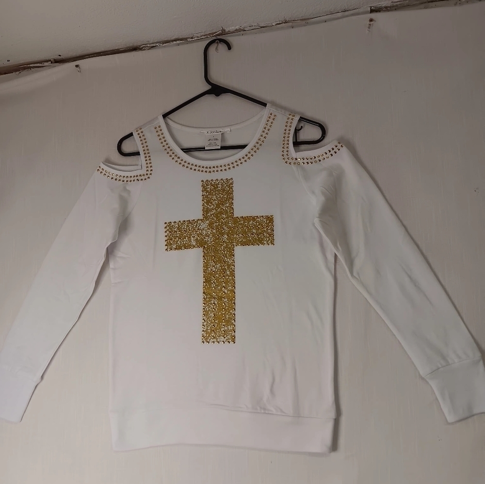 NWOT Top blouse Western Off Shoulder K.jordan white gold studs Cotton Casual S. - Picture 7 of 14